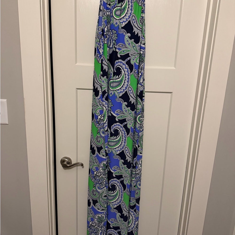 Jude Connally Keyhole Neck Blue and Green Paisley Dress - Bottom Side Slits